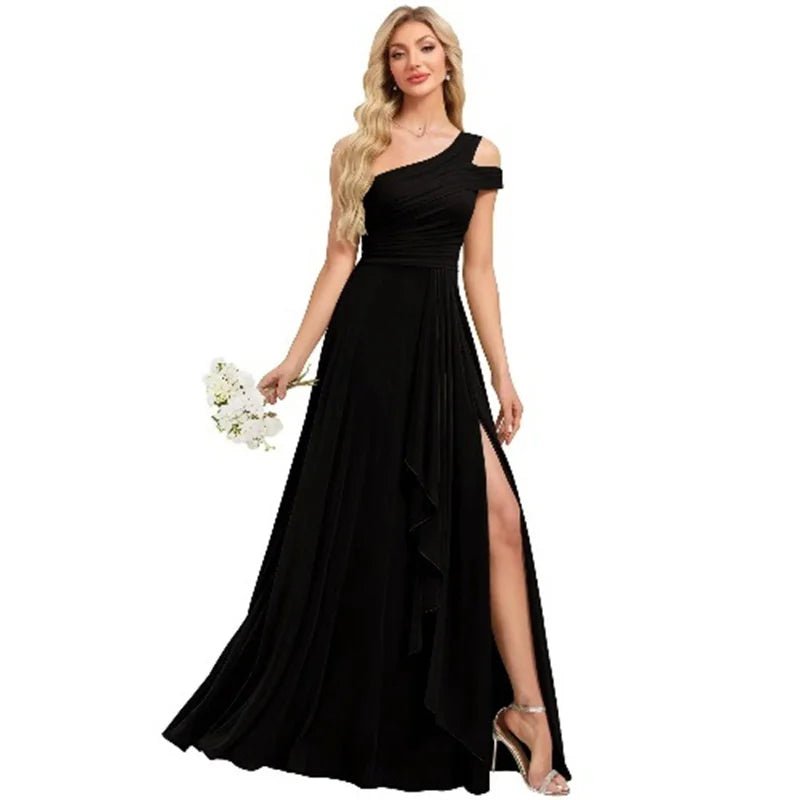 One-Shoulder Pleated Chiffon A-Line Bridesmaid Dress with Slit - Luzilly Bridal & Apparel