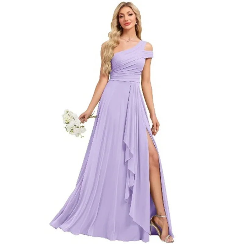 One-Shoulder Pleated Chiffon A-Line Bridesmaid Dress with Slit - Luzilly Bridal & Apparel