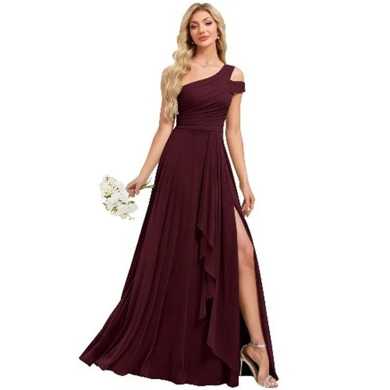 One-Shoulder Pleated Chiffon A-Line Bridesmaid Dress with Slit - Luzilly Bridal & Apparel