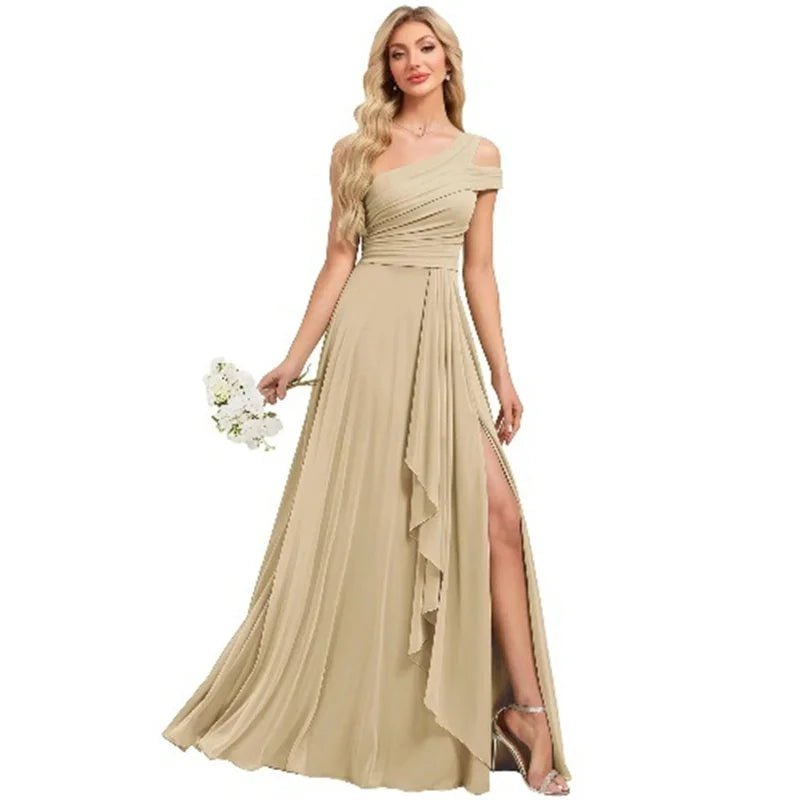 One-Shoulder Pleated Chiffon A-Line Bridesmaid Dress with Slit - Luzilly Bridal & Apparel
