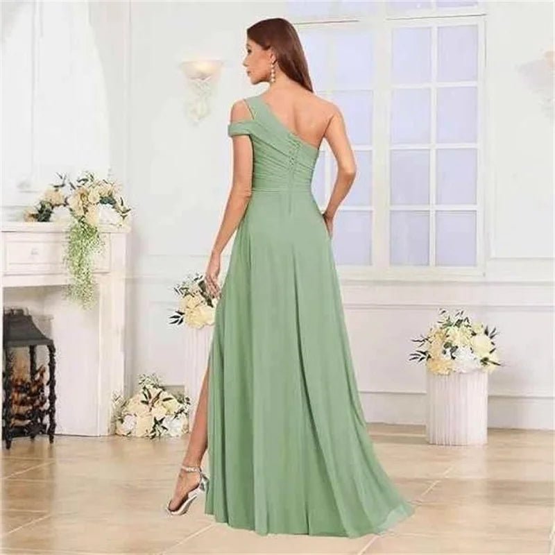 One-Shoulder Pleated Chiffon A-Line Bridesmaid Dress with Slit - Luzilly Bridal & Apparel