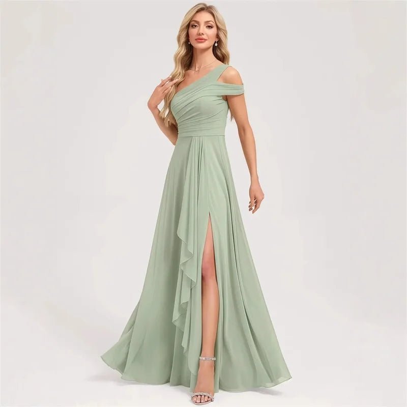 One-Shoulder Pleated Chiffon A-Line Bridesmaid Dress with Slit - Luzilly Bridal & Apparel