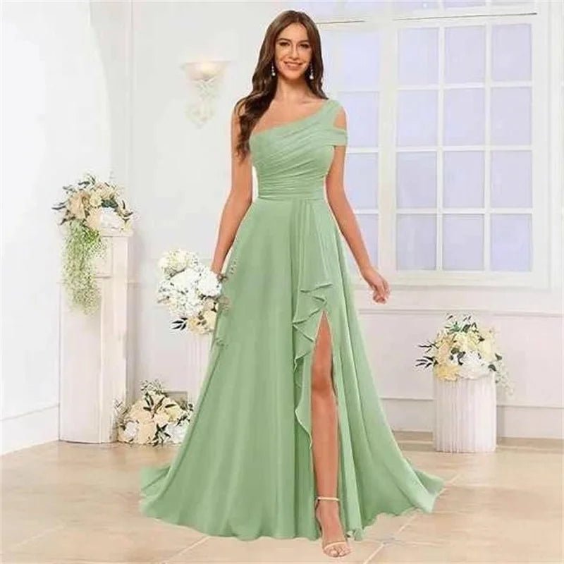 One-Shoulder Pleated Chiffon A-Line Bridesmaid Dress with Slit - Luzilly Bridal & Apparel