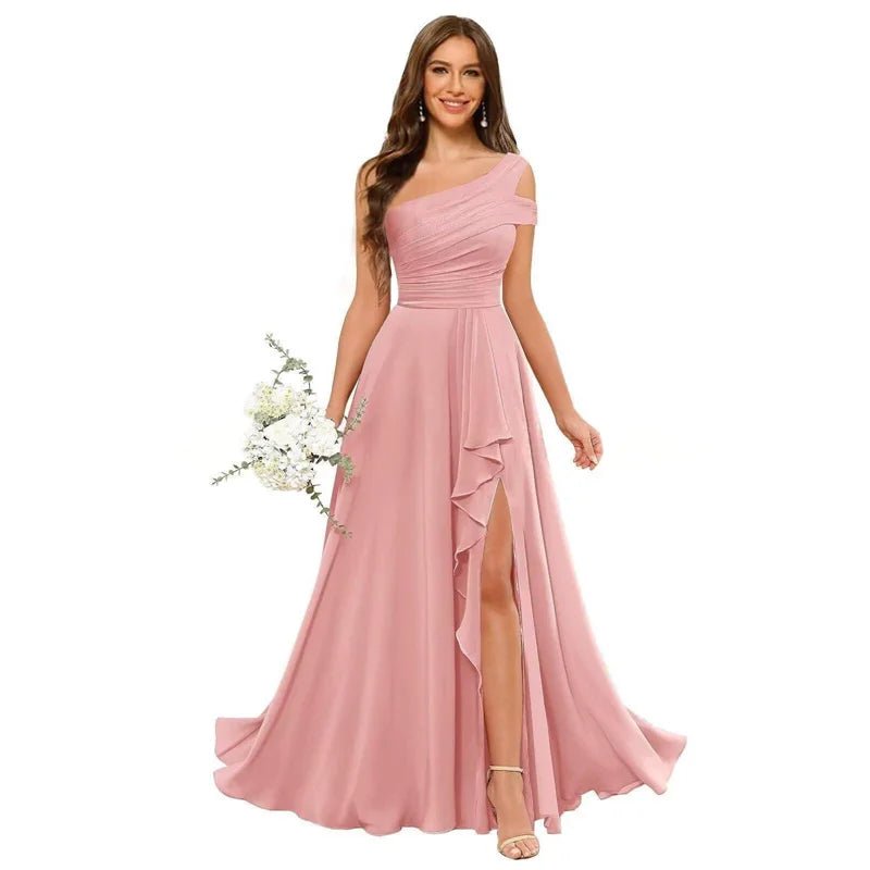 One-Shoulder Pleated Chiffon A-Line Bridesmaid Dress with Slit - Luzilly Bridal & Apparel