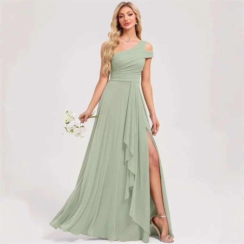 One-Shoulder Pleated Chiffon A-Line Bridesmaid Dress with Slit - Luzilly Bridal & Apparel