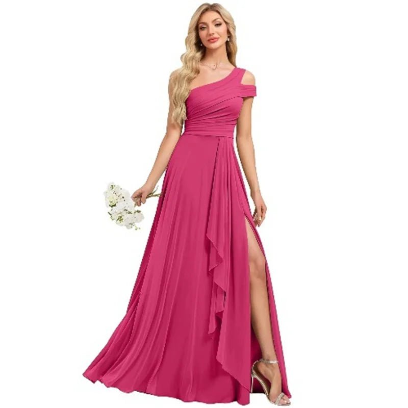 One-Shoulder Pleated Chiffon A-Line Bridesmaid Dress with Slit - Luzilly Bridal & Apparel