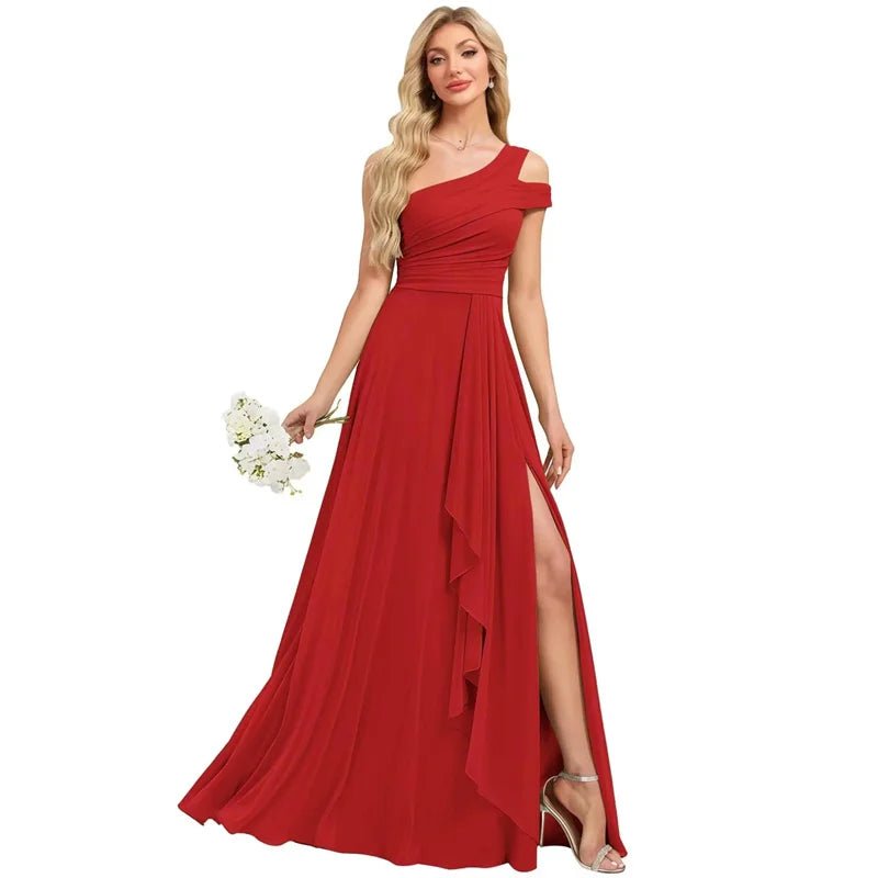 One-Shoulder Pleated Chiffon A-Line Bridesmaid Dress with Slit - Luzilly Bridal & Apparel