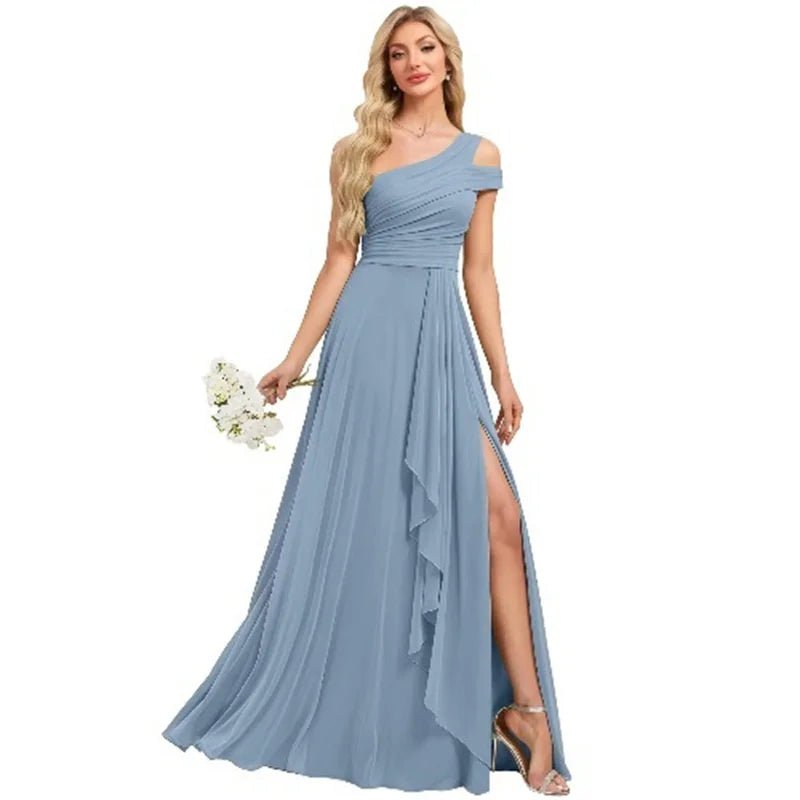 One-Shoulder Pleated Chiffon A-Line Bridesmaid Dress with Slit - Luzilly Bridal & Apparel