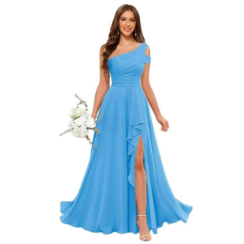 One-Shoulder Pleated Chiffon A-Line Bridesmaid Dress with Slit - Luzilly Bridal & Apparel