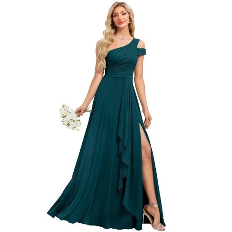 One-Shoulder Pleated Chiffon A-Line Bridesmaid Dress with Slit - Luzilly Bridal & Apparel