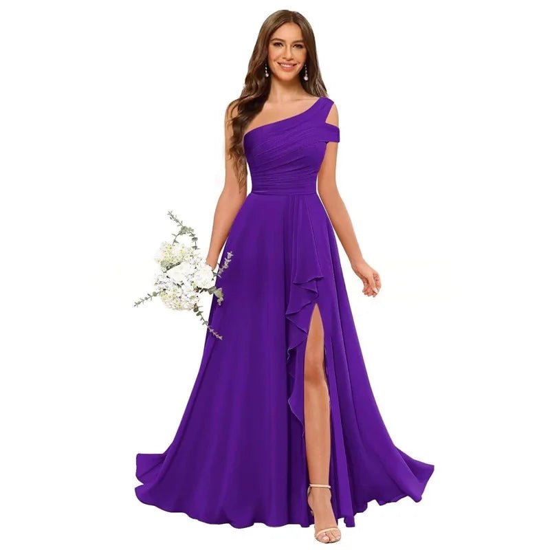 One-Shoulder Pleated Chiffon A-Line Bridesmaid Dress with Slit - Luzilly Bridal & Apparel