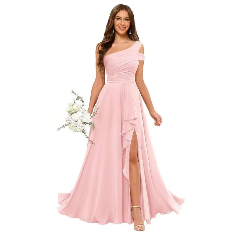 One-Shoulder Pleated Chiffon A-Line Bridesmaid Dress with Slit - Luzilly Bridal & Apparel