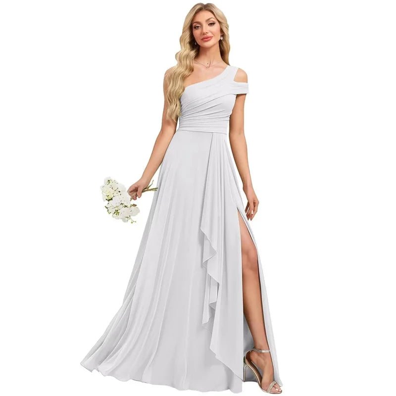 One-Shoulder Pleated Chiffon A-Line Bridesmaid Dress with Slit - Luzilly Bridal & Apparel