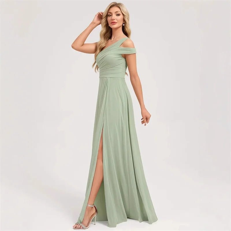 One-Shoulder Pleated Chiffon A-Line Bridesmaid Dress with Slit - Luzilly Bridal & Apparel