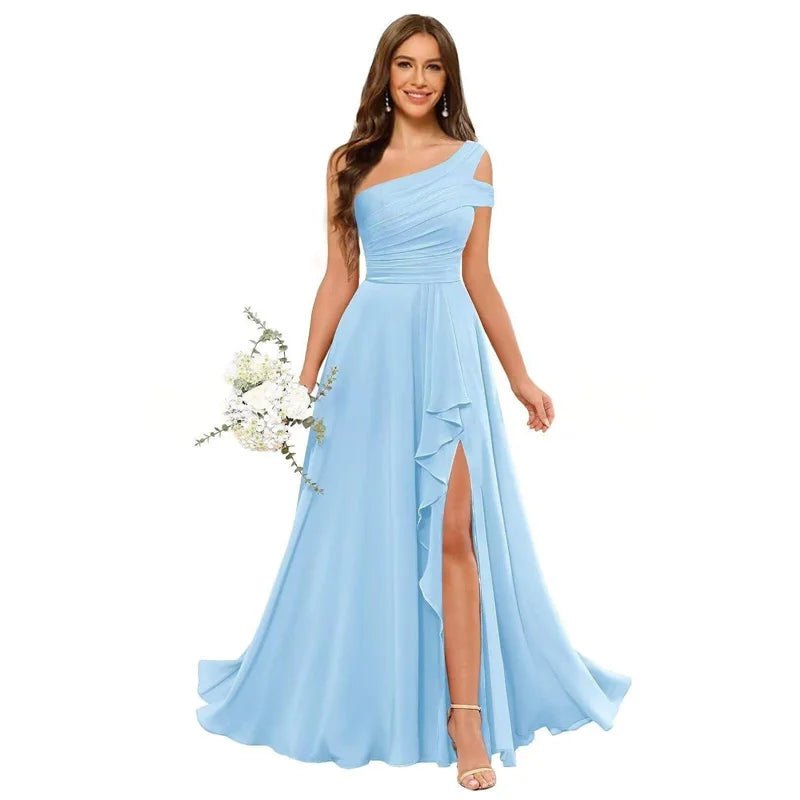 One-Shoulder Pleated Chiffon A-Line Bridesmaid Dress with Slit - Luzilly Bridal & Apparel