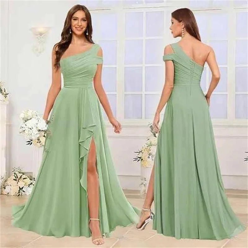 One-Shoulder Pleated Chiffon A-Line Bridesmaid Dress with Slit - Luzilly Bridal & Apparel