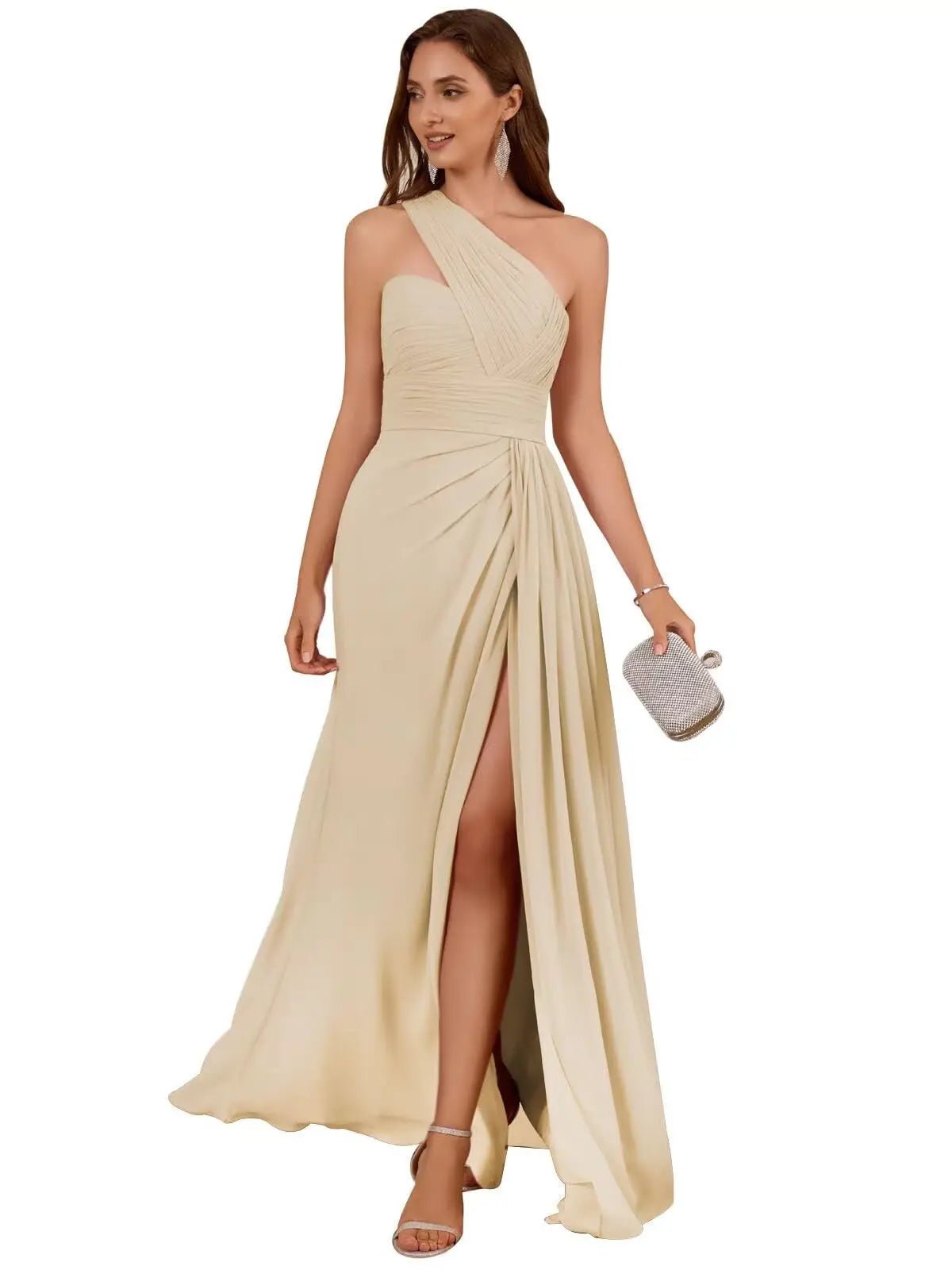 One-Shoulder Ruched Chiffon A-Line Bridesmaid Dress with Slit - Luzilly Bridal & Apparel