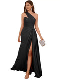 One-Shoulder Ruched Chiffon A-Line Bridesmaid Dress with Slit - Luzilly Bridal & Apparel
