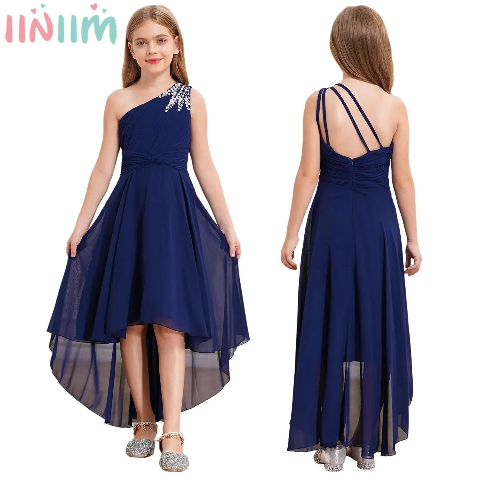 One-Shoulder Ruched Sequin High-Low Girls Gown - Luzilly Bridal & Apparel