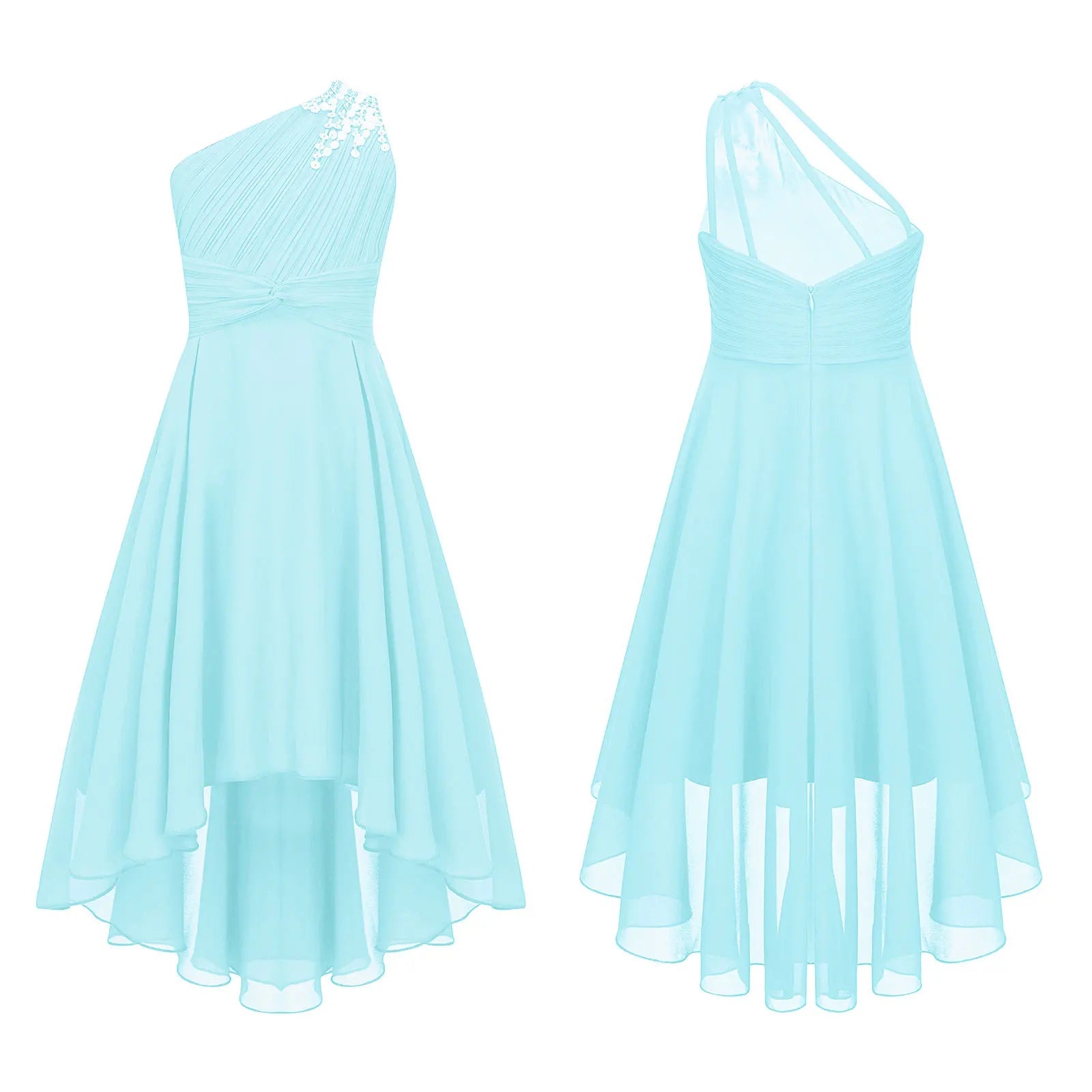 One-Shoulder Ruched Sequin High-Low Girls Gown - Luzilly Bridal & Apparel