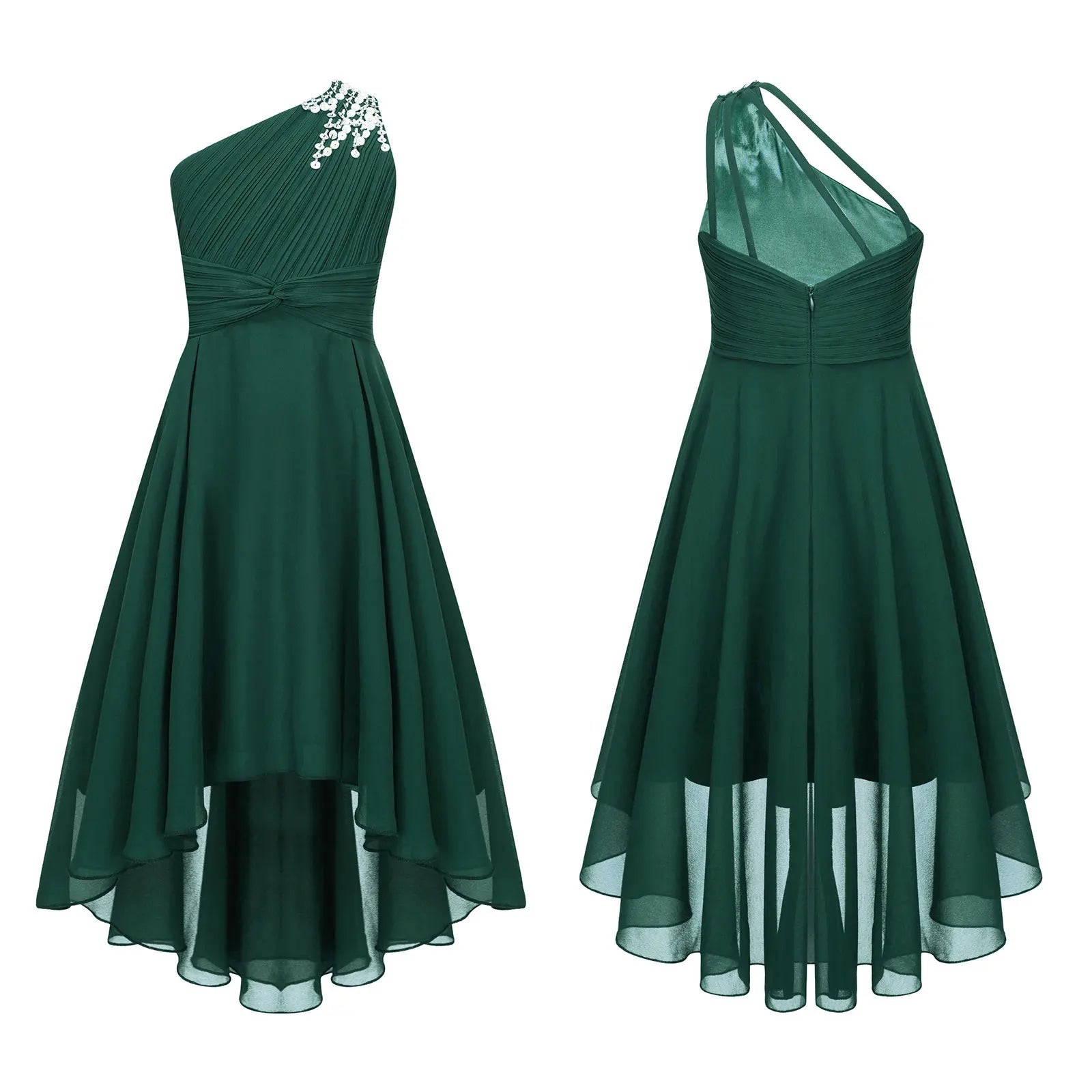 One-Shoulder Ruched Sequin High-Low Girls Gown - Luzilly Bridal & Apparel