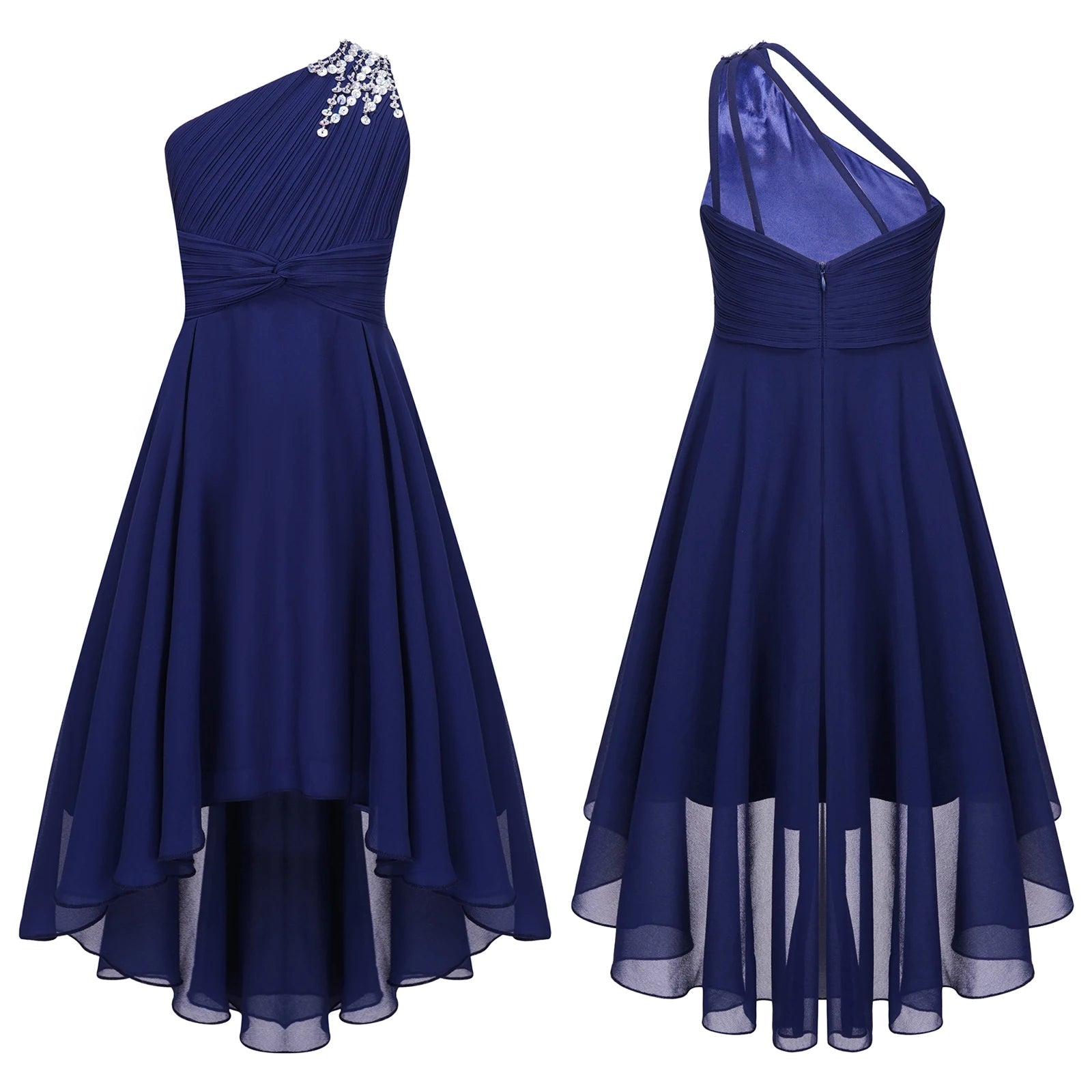 One-Shoulder Ruched Sequin High-Low Girls Gown - Luzilly Bridal & Apparel