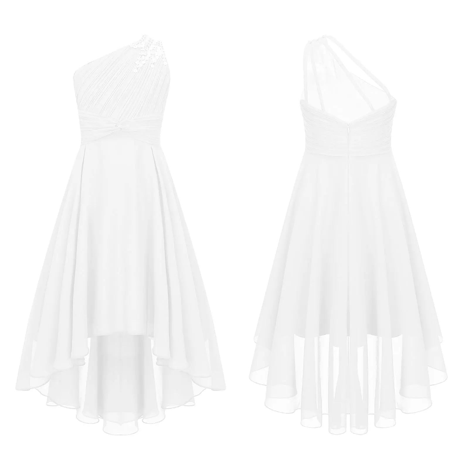 One-Shoulder Ruched Sequin High-Low Girls Gown - Luzilly Bridal & Apparel