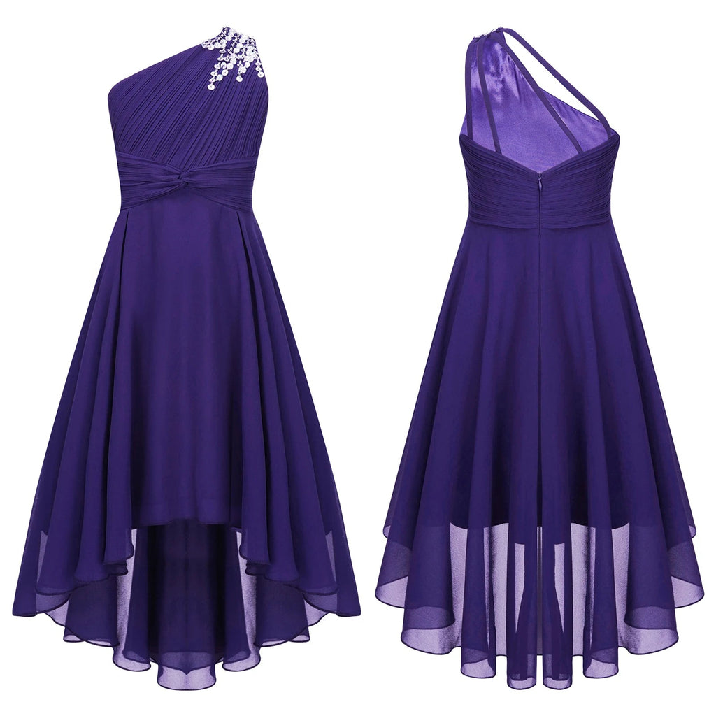 One-Shoulder Ruched Sequin High-Low Girls Gown - Luzilly Bridal & Apparel