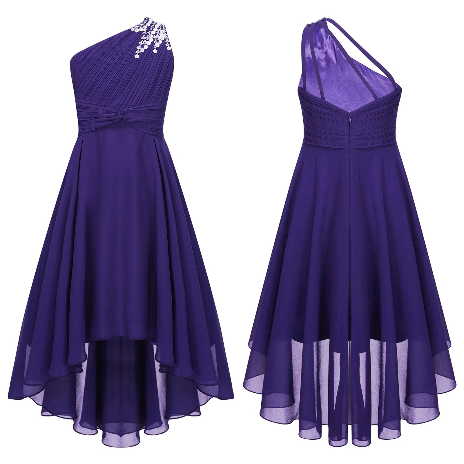 One-Shoulder Ruched Sequin High-Low Girls Gown - Luzilly Bridal & Apparel