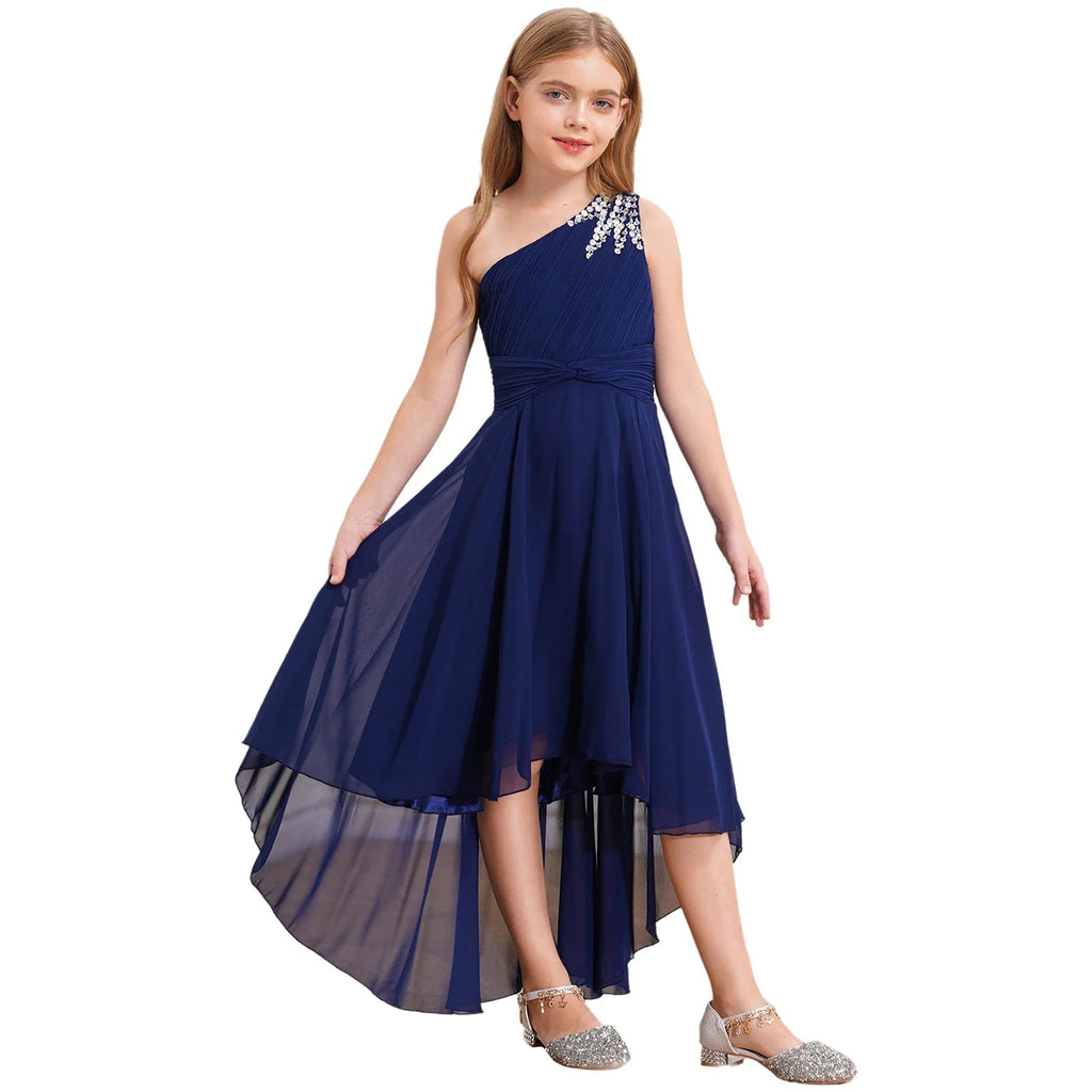 One-Shoulder Ruched Sequin High-Low Girls Gown - Luzilly Bridal & Apparel