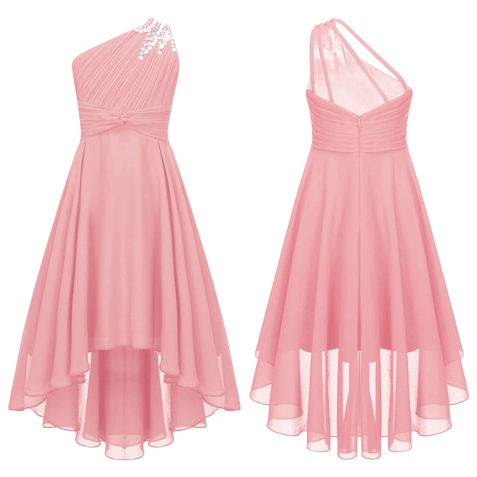 One-Shoulder Ruched Sequin High-Low Girls Gown - Luzilly Bridal & Apparel