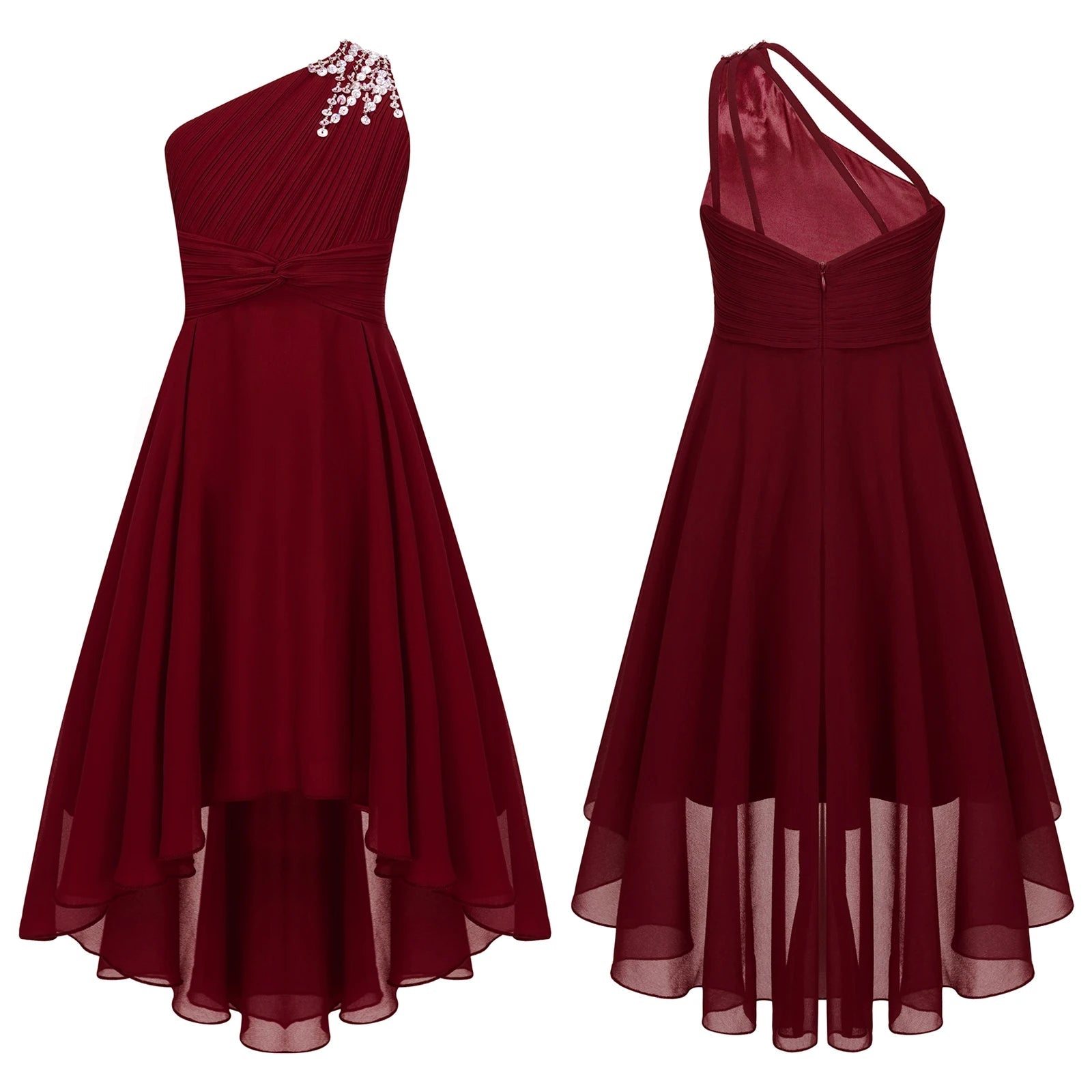 One-Shoulder Ruched Sequin High-Low Girls Gown - Luzilly Bridal & Apparel