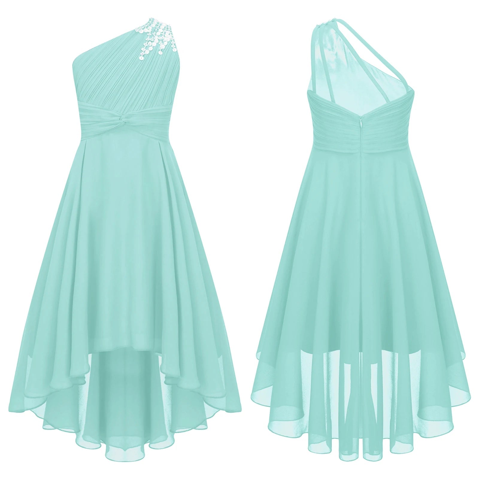 One-Shoulder Ruched Sequin High-Low Girls Gown - Luzilly Bridal & Apparel