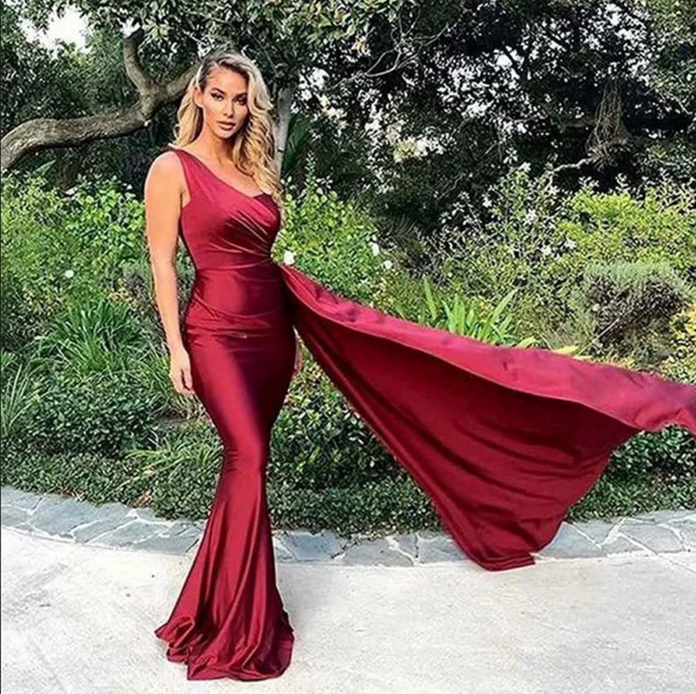 One-Shoulder Satin Backless Cocktail Dress with High Split - Luzilly Bridal & Apparel