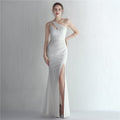 One-Shoulder Satin Fishtail Evening Dress - Luzilly Bridal & Apparel
