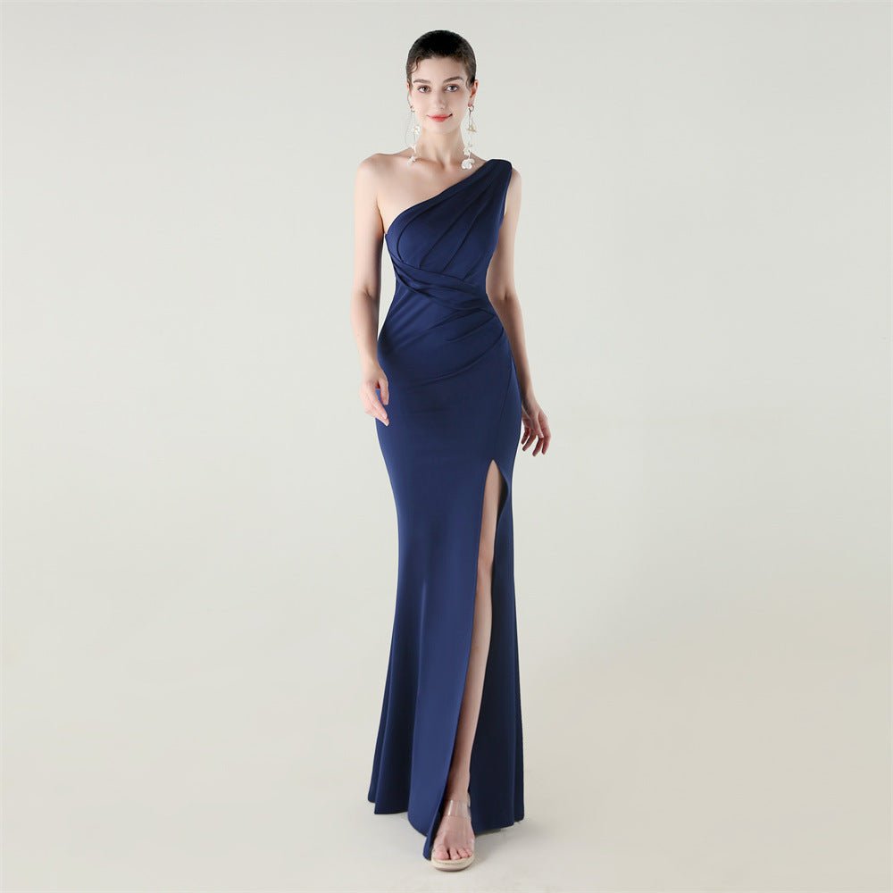 One Shoulder Slim Fit Satin Folding High Slit Sexy Evening Dress Fishtail Dress Dinner Wedding Social Networking - Luzilly Bridal & Apparel