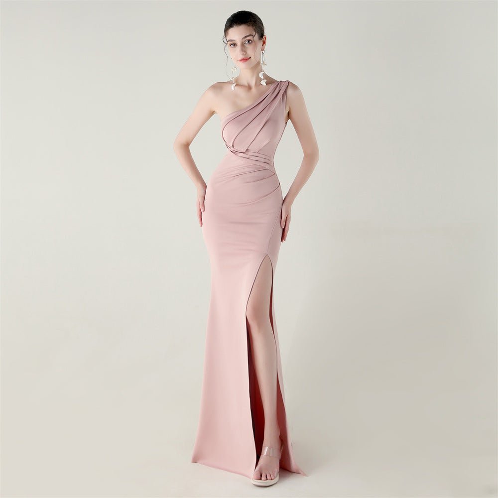 One Shoulder Slim Fit Satin Folding High Slit Sexy Evening Dress Fishtail Dress Dinner Wedding Social Networking - Luzilly Bridal & Apparel