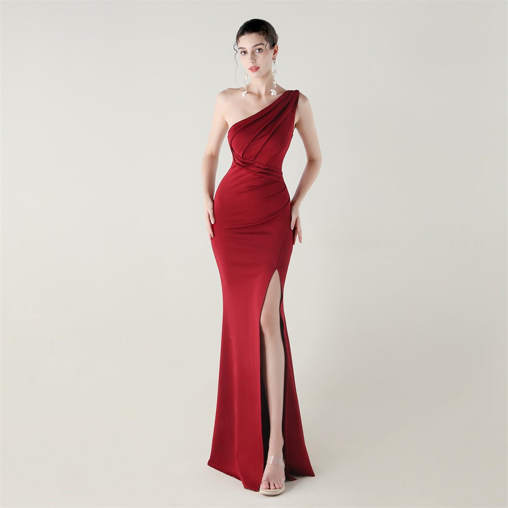 One Shoulder Slim Fit Satin Folding High Slit Sexy Evening Dress Fishtail Dress Dinner Wedding Social Networking - Luzilly Bridal & Apparel