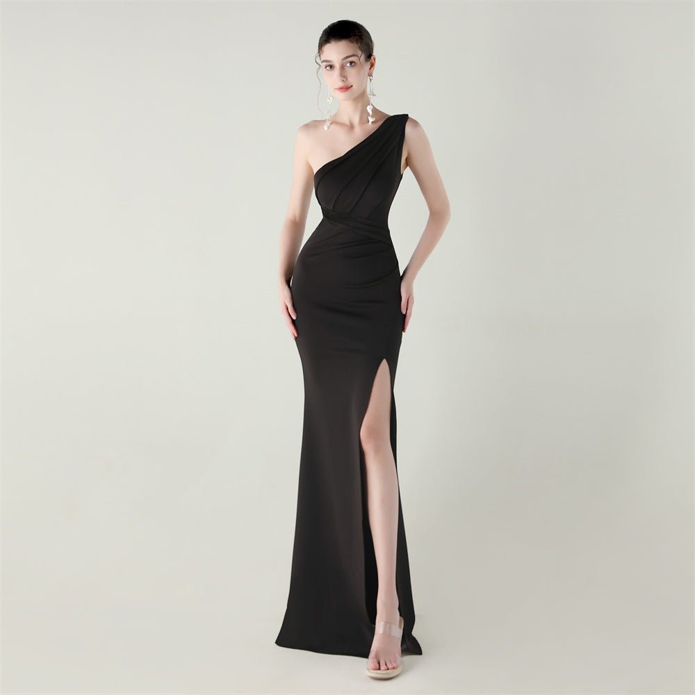 One Shoulder Slim Fit Satin Folding High Slit Sexy Evening Dress Fishtail Dress Dinner Wedding Social Networking - Luzilly Bridal & Apparel