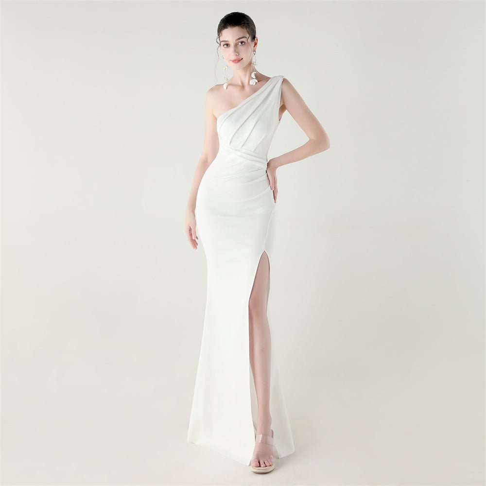One Shoulder Slim Fit Satin Folding High Slit Sexy Evening Dress Fishtail Dress Dinner Wedding Social Networking - Luzilly Bridal & Apparel