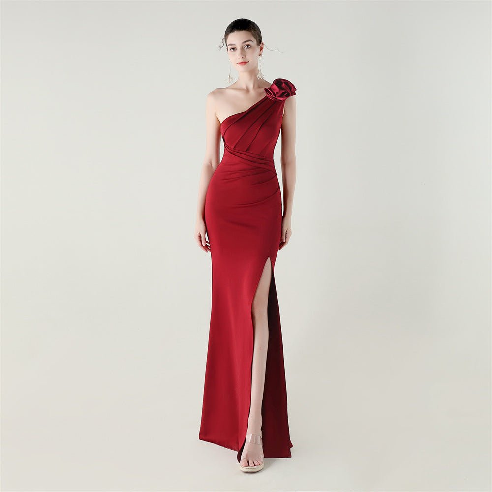One Shoulder Three Dimensional Floral Satin Folding High Slit Sexy Evening Dress Dinner Wedding Social - Luzilly Bridal & Apparel