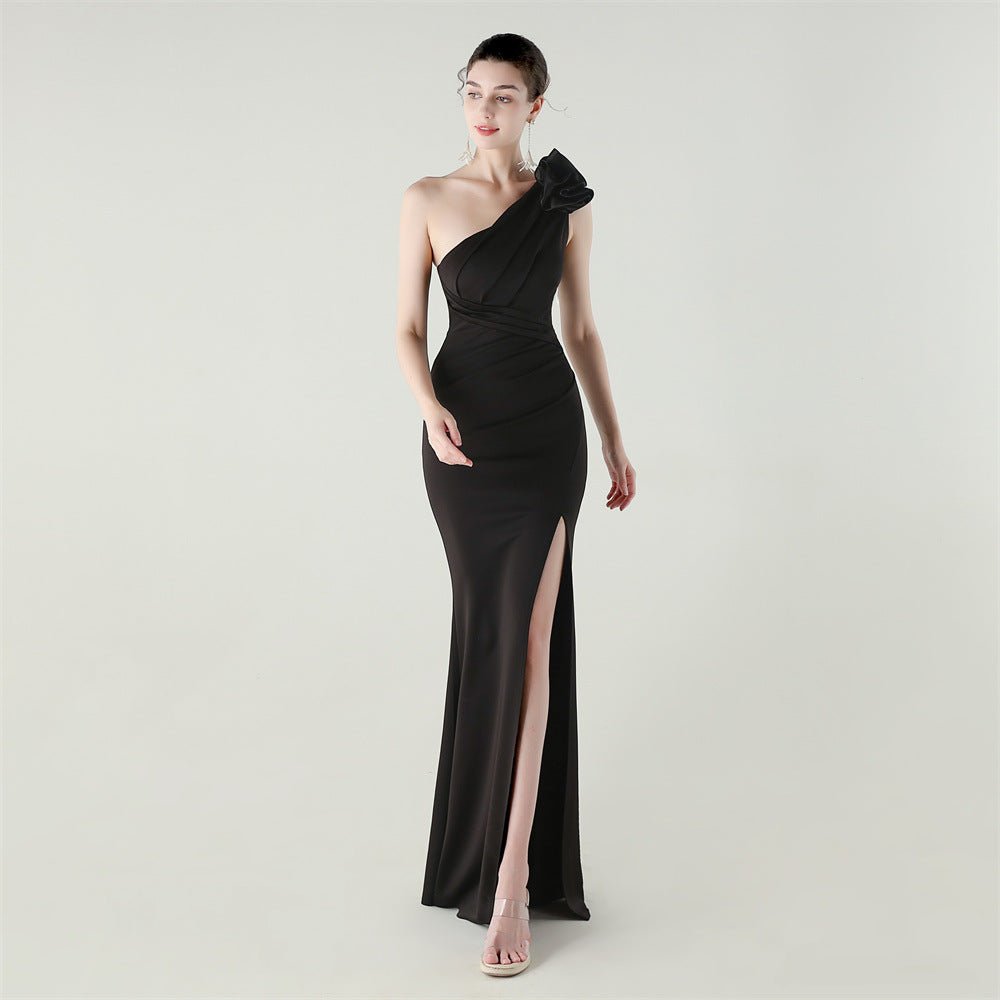 One Shoulder Three Dimensional Floral Satin Folding High Slit Sexy Evening Dress Dinner Wedding Social - Luzilly Bridal & Apparel