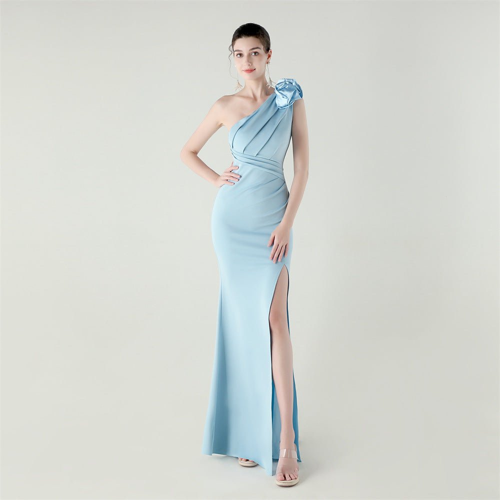 One Shoulder Three Dimensional Floral Satin Folding High Slit Sexy Evening Dress Dinner Wedding Social - Luzilly Bridal & Apparel