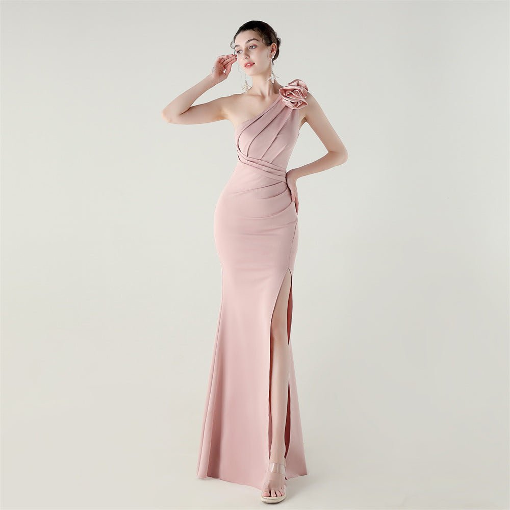 One Shoulder Three Dimensional Floral Satin Folding High Slit Sexy Evening Dress Dinner Wedding Social - Luzilly Bridal & Apparel