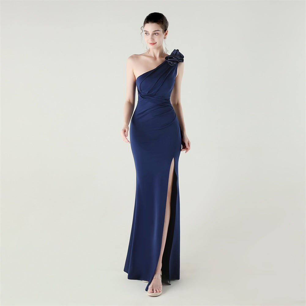 One Shoulder Three Dimensional Floral Satin Folding High Slit Sexy Evening Dress Dinner Wedding Social - Luzilly Bridal & Apparel