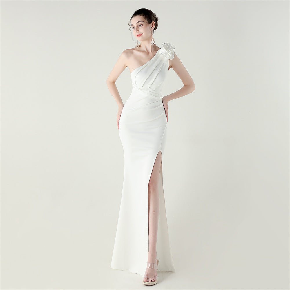One Shoulder Three Dimensional Floral Satin Folding High Slit Sexy Evening Dress Dinner Wedding Social - Luzilly Bridal & Apparel
