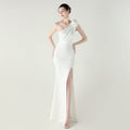 One Shoulder Three Dimensional Floral Satin Folding High Slit Sexy Evening Dress Dinner Wedding Social - Luzilly Bridal & Apparel