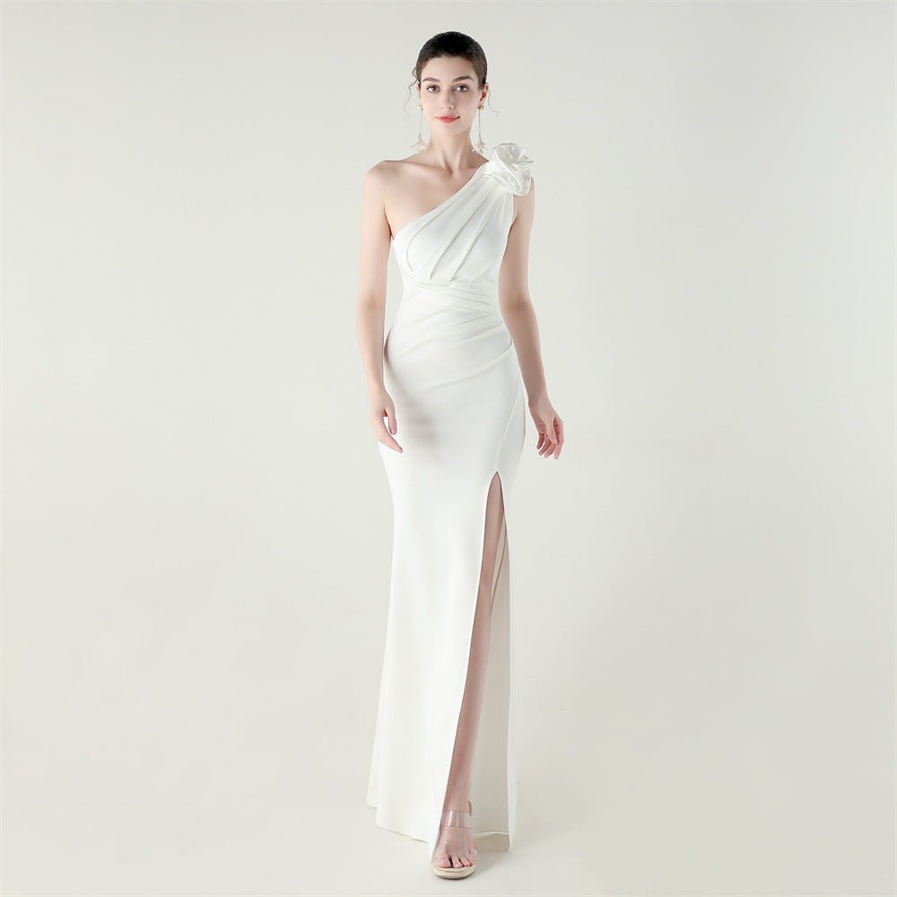One Shoulder Three Dimensional Floral Satin Folding High Slit Sexy Evening Dress Dinner Wedding Social - Luzilly Bridal & Apparel