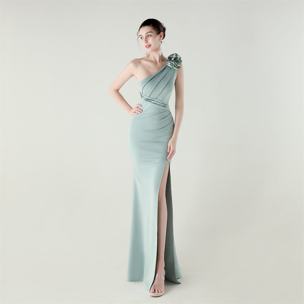 One Shoulder Three Dimensional Floral Satin Folding High Slit Sexy Evening Dress Dinner Wedding Social - Luzilly Bridal & Apparel