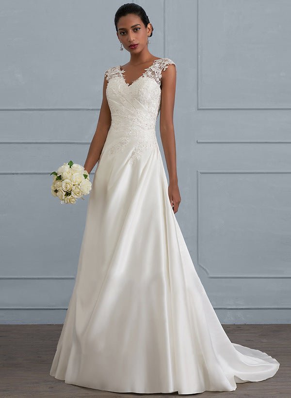 One-shoulder V-neck fishtail lace trailing wedding dress - Luzilly Bridal & Apparel